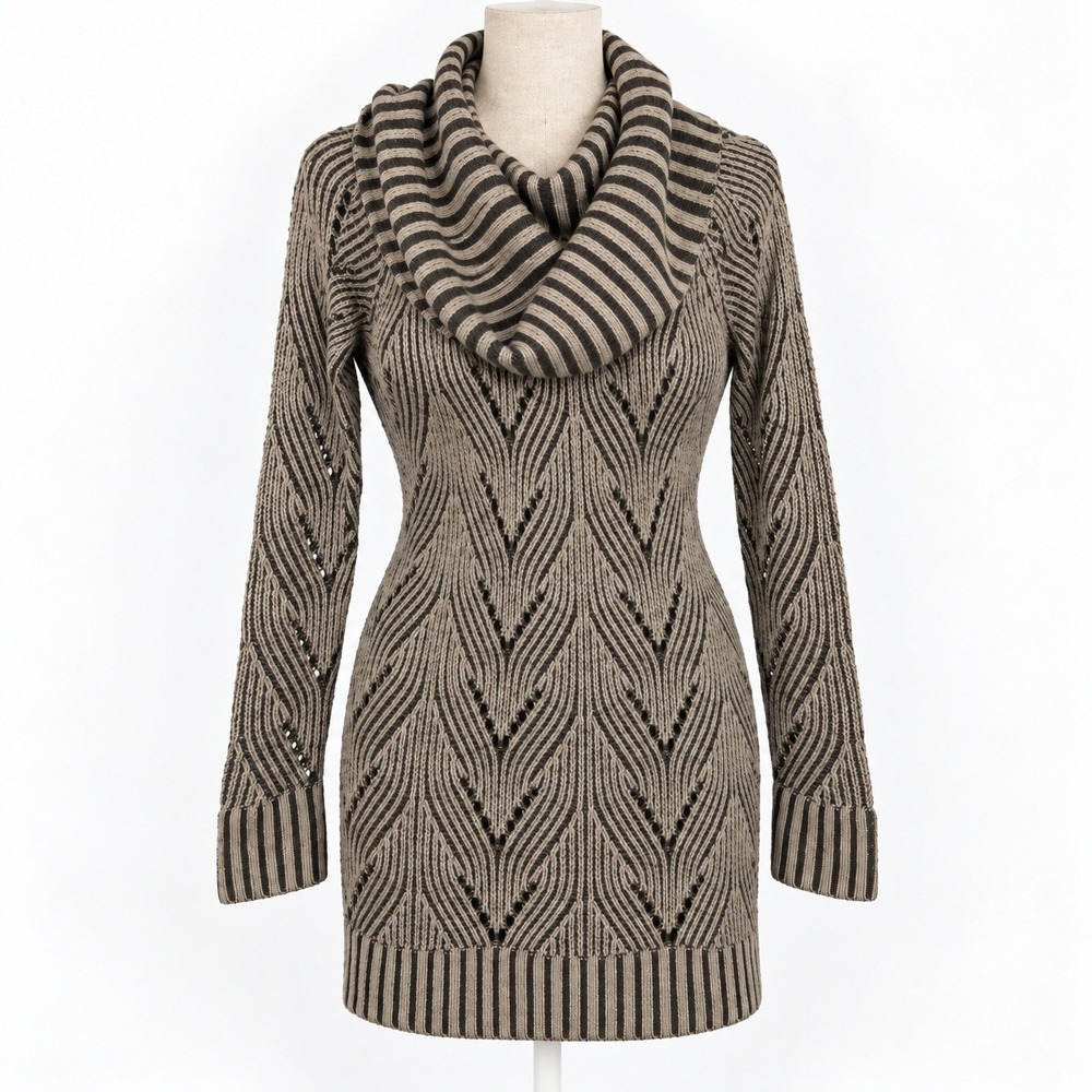 BCBG MAX AZRIA 100% Merino Wool Sweater Dress Sz XS Brown Stretchy Teacher Cowl